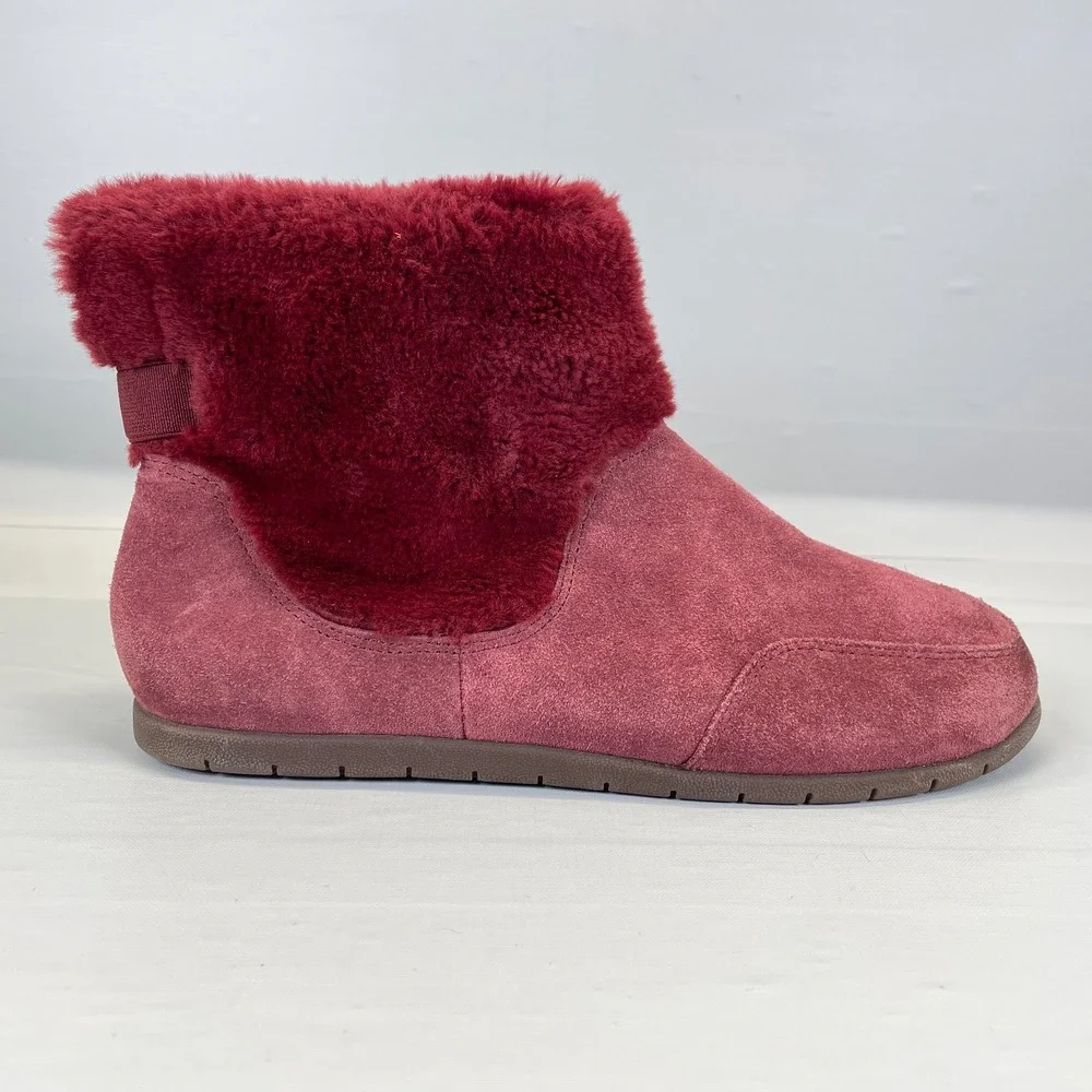 Vionic Maizie Ankle Boots Womens Size 7.5 Red Suede Faux Fur Pull On Shoes